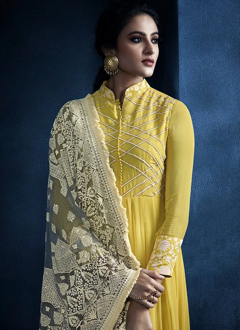 Yellow And Beige Lucknowi Anarkali Suit