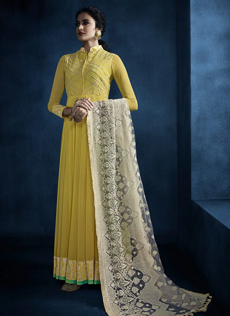 Yellow And Beige Lucknowi Anarkali Suit
