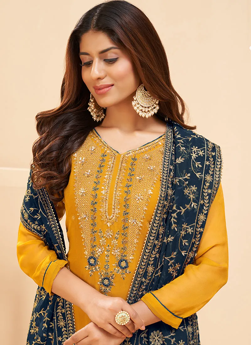 Yellow And Blue Embroidered Salwar Kameez
