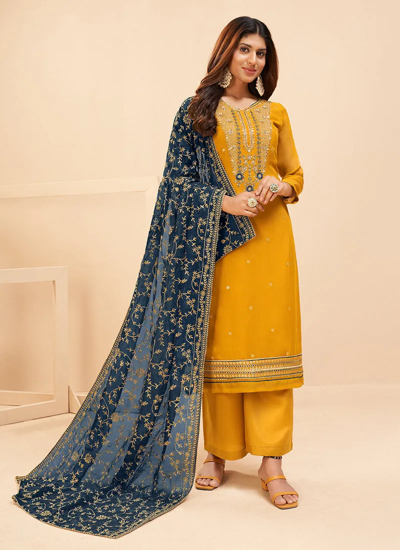Yellow And Blue Embroidered Salwar Kameez
