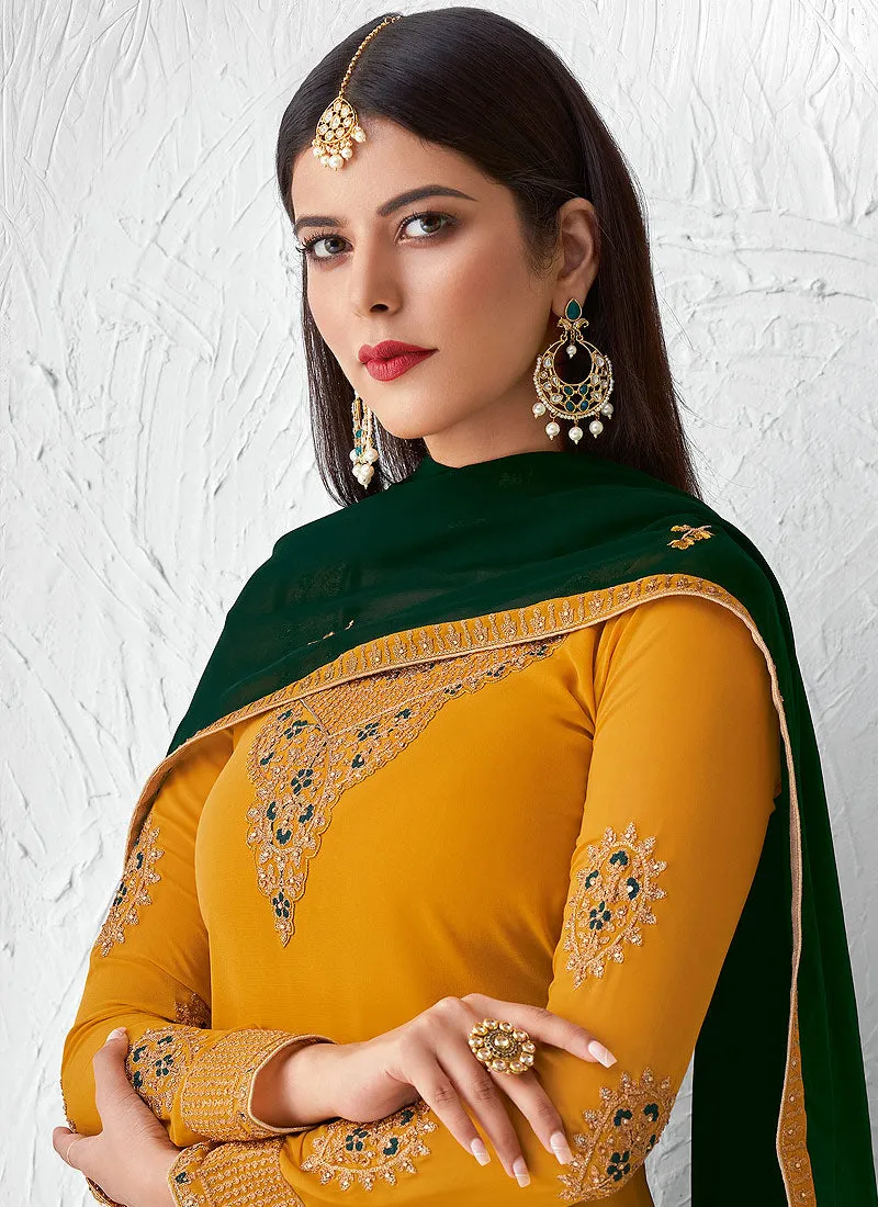 Yellow And Green Embroidered Palazzo Suit