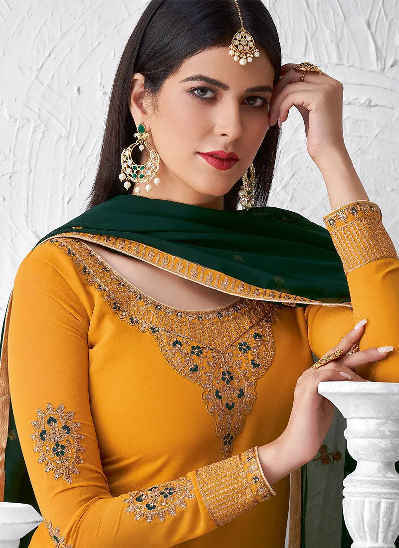 Yellow And Green Embroidered Palazzo Suit