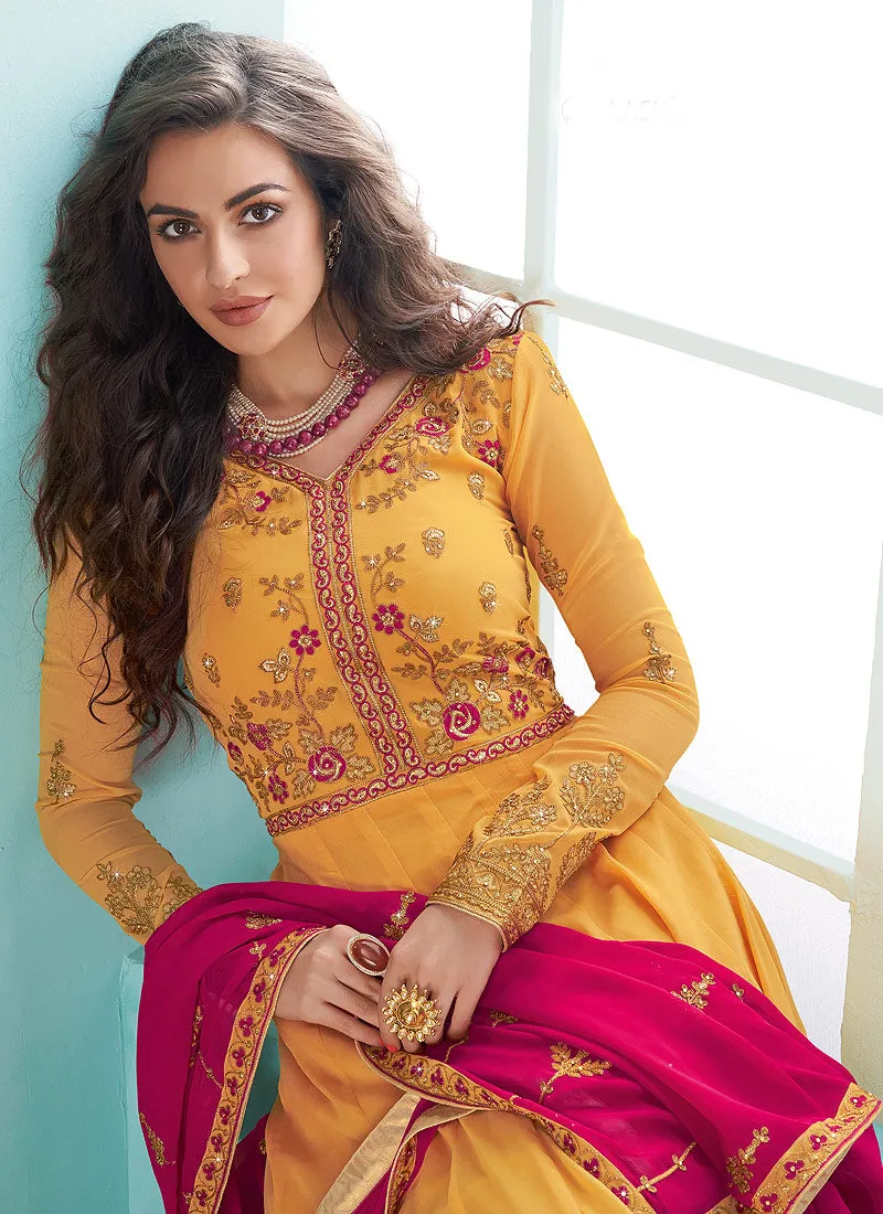 Yellow And Pink Embroidered Designer Anarkali Suit