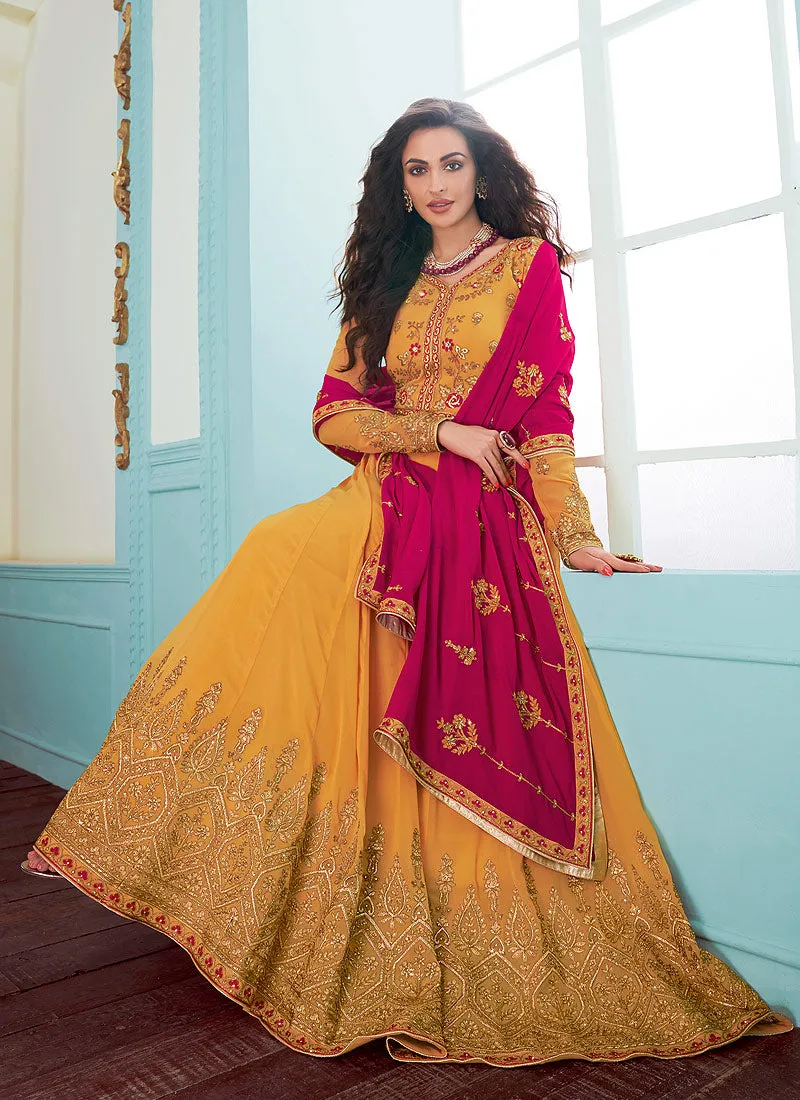 Yellow And Pink Embroidered Designer Anarkali Suit
