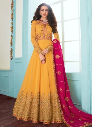 Yellow And Pink Embroidered Designer Anarkali Suit