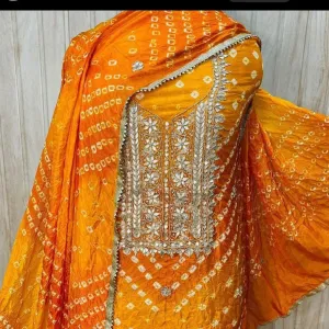 Yellow Color Bandhej Silk Gota Work Suit Set