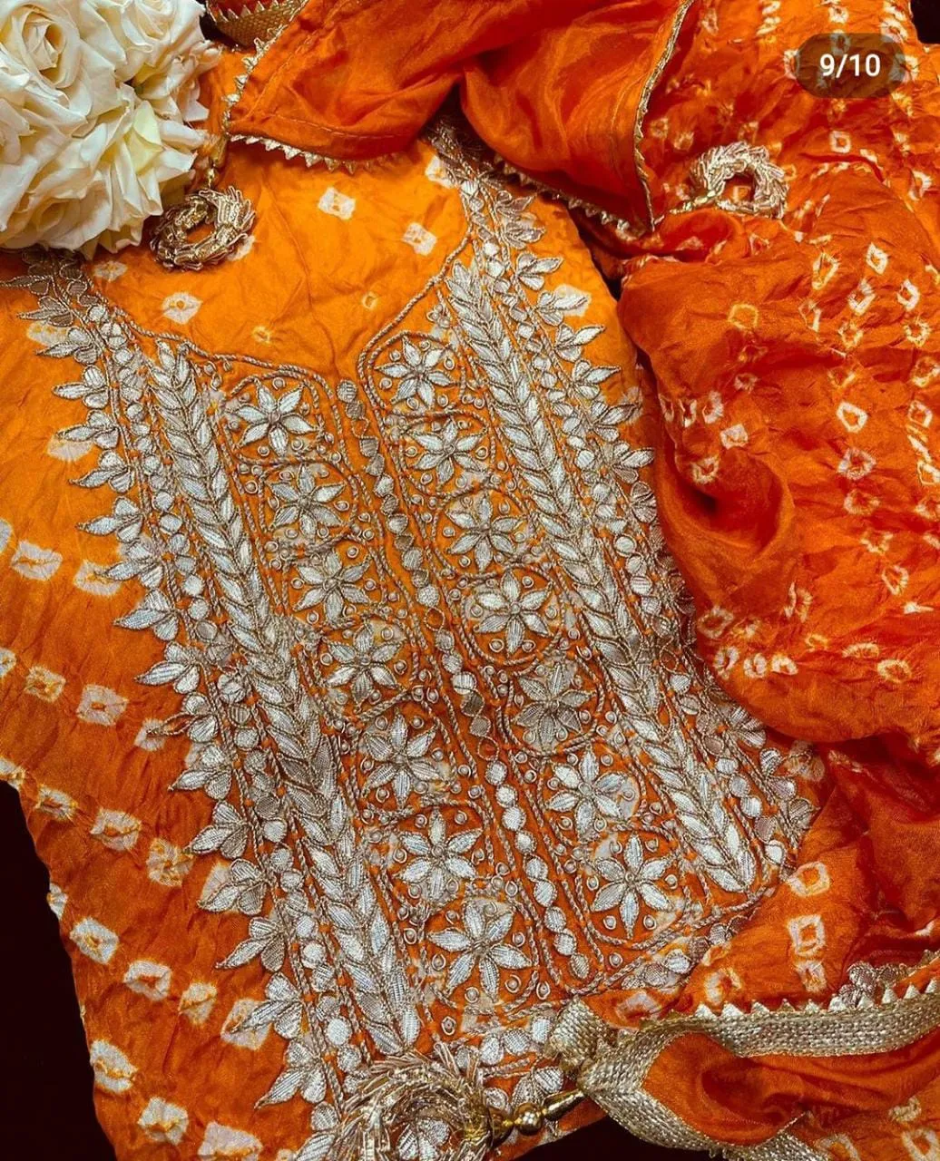Yellow Color Bandhej Silk Gota Work Suit Set