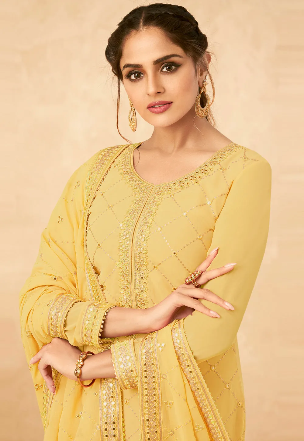 Yellow Golden Embroidered Palazzo Suit