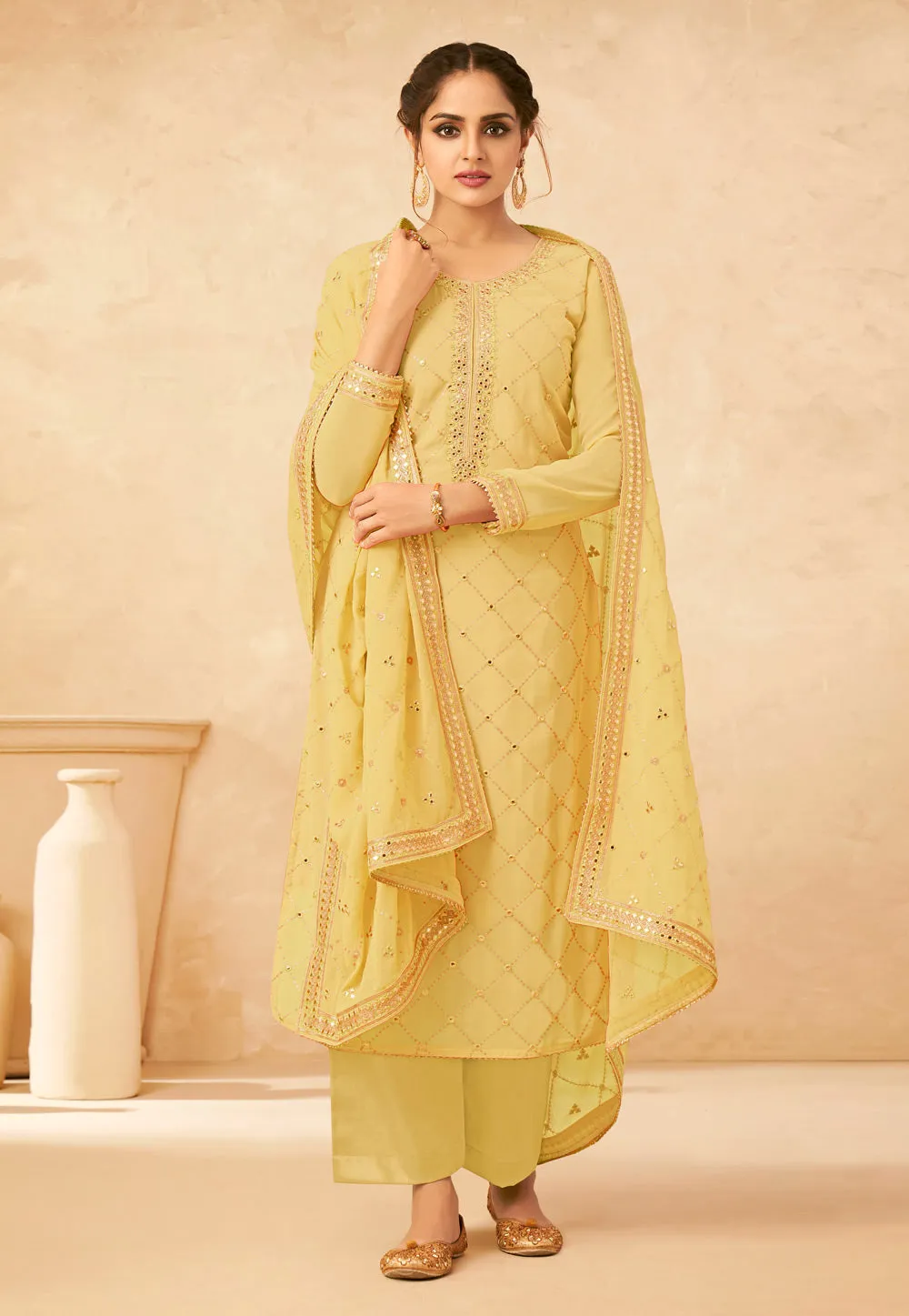 Yellow Golden Embroidered Palazzo Suit
