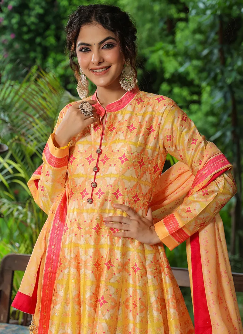 Yellow Sequence Embroidery Digital Printed Anarkali Suit