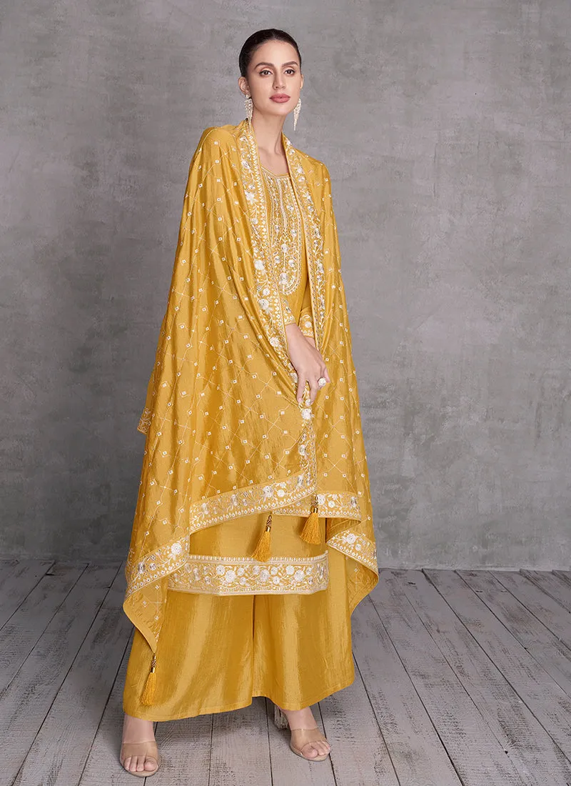 Yellow Sequence Embroidery Wedding Palazzo Suit