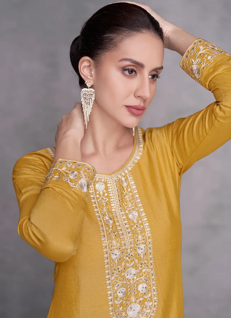 Yellow Sequence Embroidery Wedding Palazzo Suit