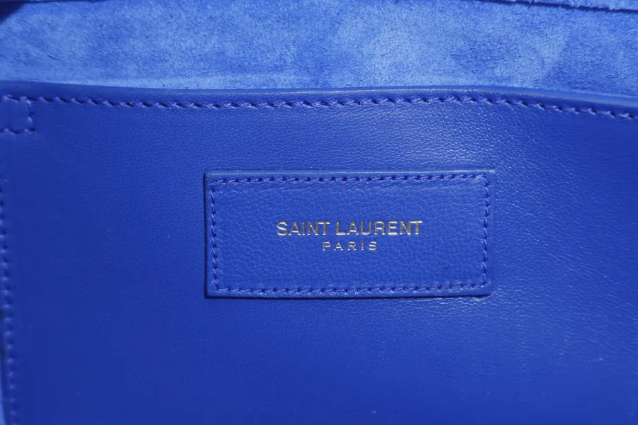 YVES SAINT LAURENT (YSL) RECTANGLE CLUTCH BLUE LEATHER GOLD HARDWARE WITH DUST COVER