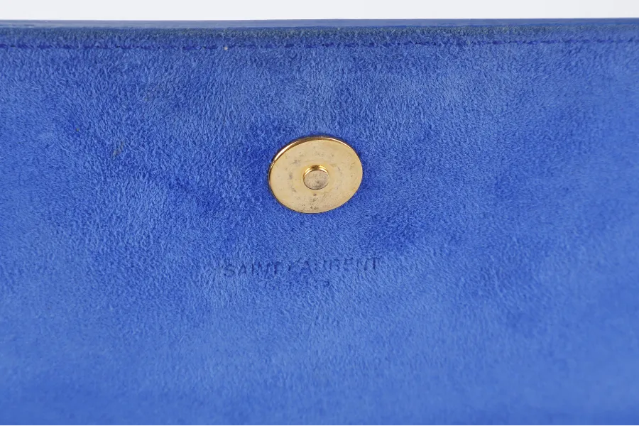 YVES SAINT LAURENT (YSL) RECTANGLE CLUTCH BLUE LEATHER GOLD HARDWARE WITH DUST COVER