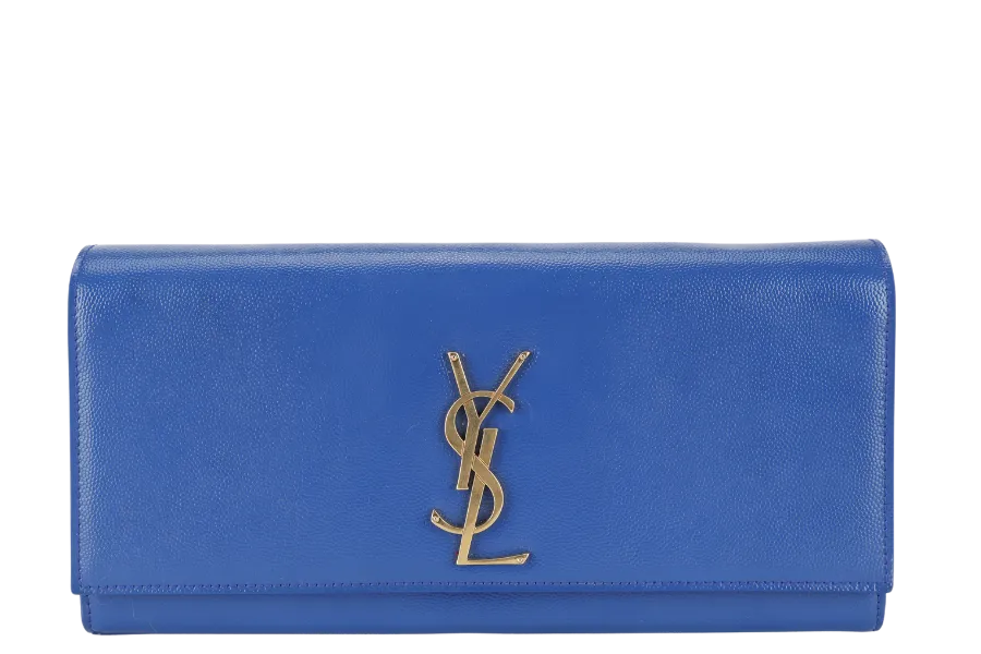 YVES SAINT LAURENT (YSL) RECTANGLE CLUTCH BLUE LEATHER GOLD HARDWARE WITH DUST COVER