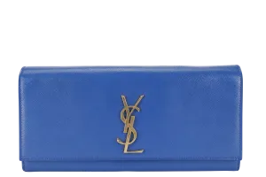 YVES SAINT LAURENT (YSL) RECTANGLE CLUTCH BLUE LEATHER GOLD HARDWARE WITH DUST COVER