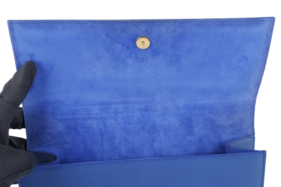 YVES SAINT LAURENT (YSL) RECTANGLE CLUTCH BLUE LEATHER GOLD HARDWARE WITH DUST COVER