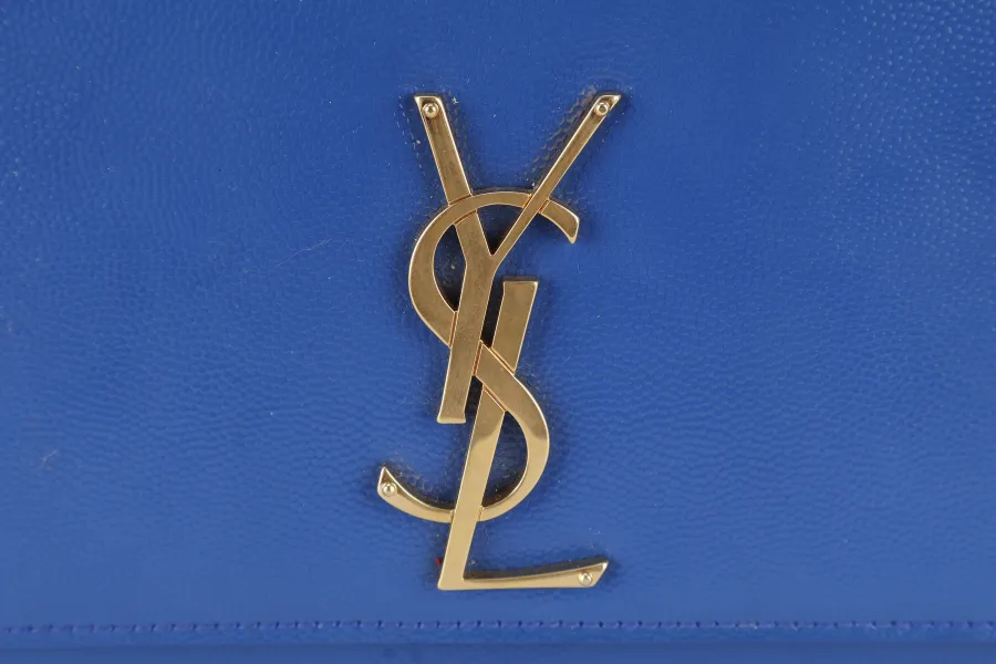 YVES SAINT LAURENT (YSL) RECTANGLE CLUTCH BLUE LEATHER GOLD HARDWARE WITH DUST COVER